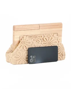 DIVAS - Borsa pochette beige ricamata con stecca in legno