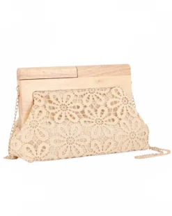 DIVAS -  Borsa pochette beige ricamata con stecca in legno