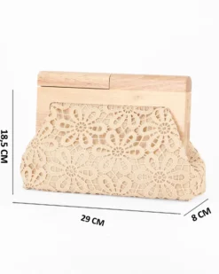 DIVAS - Borsa pochette beige ricamata con stecca in legno