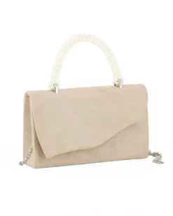 DIVAS - Borsa pochette beige scamosciata con manico perle