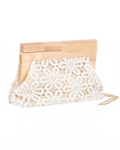 DIVAS - Borsa pochette bianca ricamata con stecca in legno