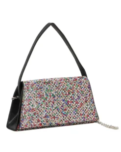DIVAS - Borsa pochette nera con strass multicolor , manico e catena metallo