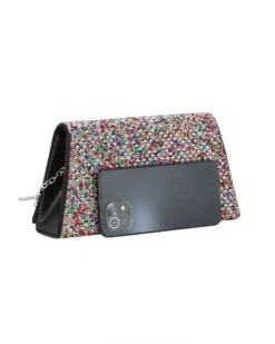 DIVAS - Borsa pochette nera con strass multicolor , manico e catena metallo