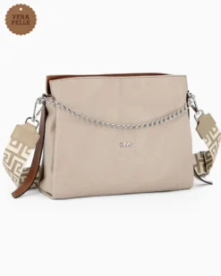 DIVAS - Borsa sacca taupe in VERA PELLE con tracolla nastro - MADE IN ITALY