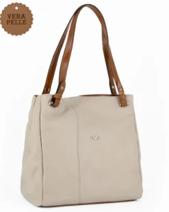 DIVAS - Borsa shopping taupe tre scomparti VERA PELLE - MADE IN ITALY