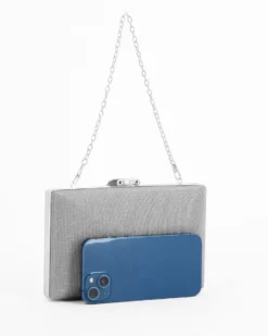 DIVAS - Clutch argento in lurex con dettaglio clip a foglia, tracolla remoovibile