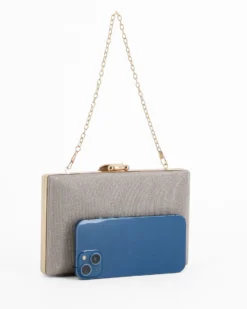 DIVAS - Clutch champagne in lurex con dettaglio clip a foglia, tracolla remoovibile