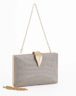 DIVAS - Clutch champagne in lurex con dettaglio clip a foglia, tracolla remoovibile