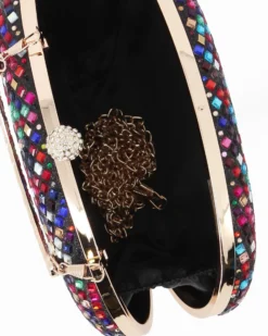 DIVAS - Clutch nera con strass multicolor e pomello strass, tracolla e manico removibili