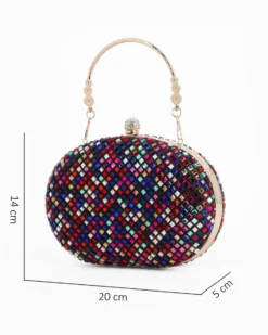 DIVAS - Clutch nera con strass multicolor e pomello strass, tracolla e manico removibili