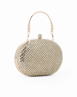 DIVAS - Clutch oro con strass e pomello strass, tracolla e manico removibili