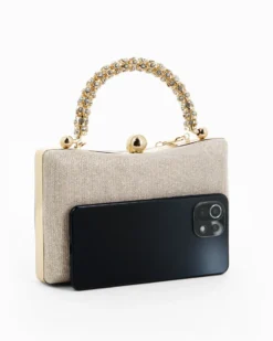 DIVAS - Clutch oro in lurex con manico gioiello