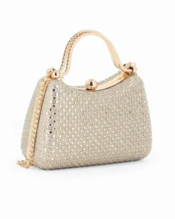 DIVAS - Clutch rigida oro in strass con due manici e pomello