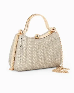 DIVAS - Clutch rigida oro in strass con due manici e pomello