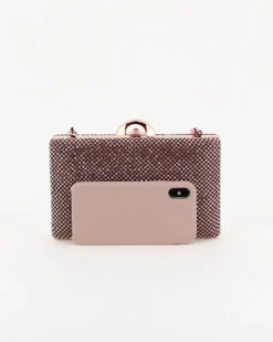 DIVAS - Clutch rosegold rigida con strass e tracolla catenina removibile