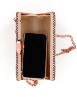 DIVAS - Clutch rosegold rigida con strass e tracolla catenina removibile