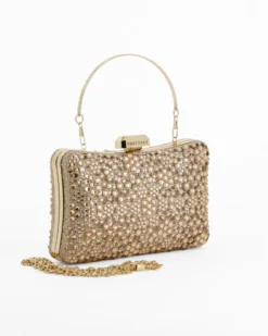 DIVAS - Clutch trasparente con strass oro, tracolla e manico removibili