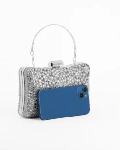 DIVAS - Clutch trasparente con strass argento, tracolla e manico removibili