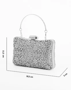 DIVAS - Clutch trasparente con strass argento, tracolla e manico removibili