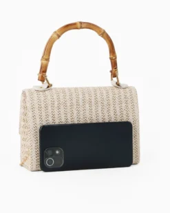 DIVAS - Pochette bianca con trama ad intreccio e manico in bamboo, tracolla removibile