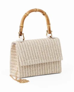 DIVAS - Pochette bianca con trama ad intreccio e manico in bamboo, tracolla removibile
