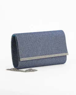 DIVAS - Pochette blu glitterata con filo di strass sulla patta, tracolla removibile