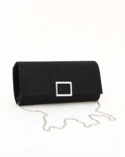 DIVAS - Pochette nera con patta glitterata e accessorio rettangolare in metallo