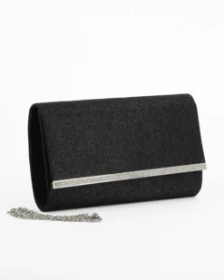 DIVAS - Pochette nera glitterata con filo di strass sulla patta, tracolla removibile
