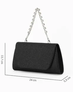 DIVAS - Pochette nera glitter con patta e manico gioiello, tracolla removibile