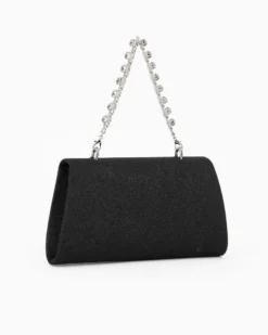 DIVAS - Pochette nera glitter con patta e manico gioiello, tracolla removibile