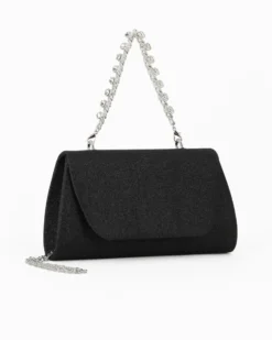 DIVAS - Pochette nera glitter con patta e manico gioiello, tracolla removibile