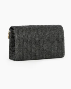 DIVAS - Pochette nera in paglia con patta, manico e catenina removibili