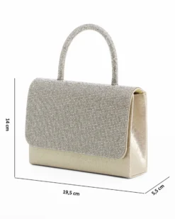 DIVAS - Pochette oro con patta e manico in strass, tracolla removibile