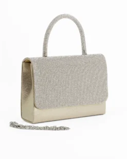 DIVAS - Pochette oro con patta e manico in strass, tracolla removibile
