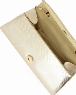 DIVAS - Pochette oro effetto pitonato con patta e manico gioiello, tracolla removibile