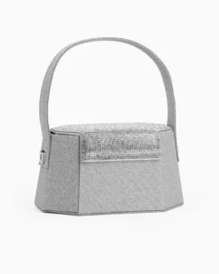 DIVAS - Pochette rigida argento in lurex con patta strass, tracolla removibile