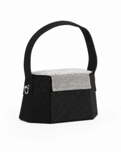 DIVAS - Pochette rigida nera in lurex con patta strass, tracolla removibile