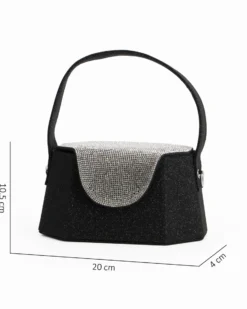 DIVAS - Pochette rigida nera in lurex con patta strass, tracolla removibile