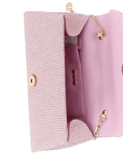 DIVAS - Pochette rosa in lurex con patta e manico gioiello, tracolla removibile