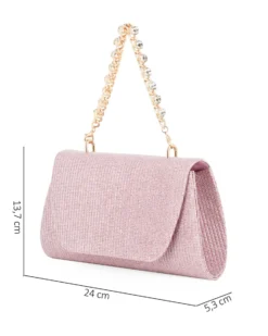 DIVAS - Pochette rosa in lurex con patta e manico gioiello, tracolla removibile