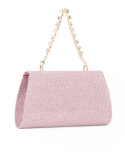 DIVAS - Pochette rosa in lurex con patta e manico gioiello, tracolla removibile