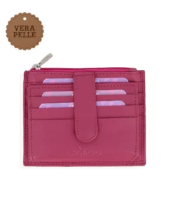 DIVAS - Portacarte fucsia in VERA PELLE con ribaltina e tasca portascpicci