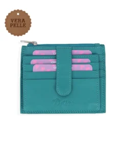 DIVAS - Portacarte turchese in VERA PELLE con ribaltina e tasca porta spicci