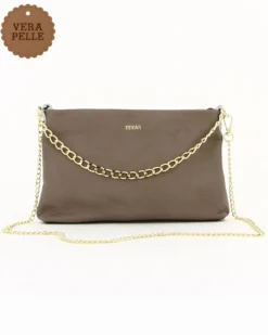 DIVAS - TRACOLLA TAUPE SCURO IN VERA PELE CON DETTAGLIO CATENA, MADE IN ITALY