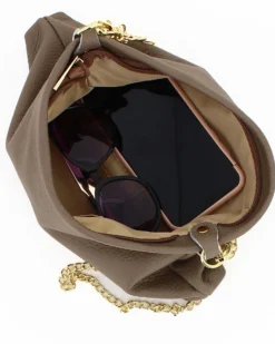 DIVAS - TRACOLLA TAUPE SCURO IN VERA PELE CON DETTAGLIO CATENA, MADE IN ITALY