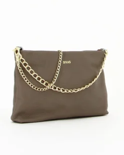 DIVAS - TRACOLLA TAUPE SCURO IN VERA PELE CON DETTAGLIO CATENA, MADE IN ITALY