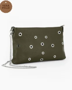 DIVAS - Tracolla verde in VERA PELLE con occhielli