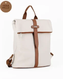 DIVAS - Zaino beige con finiture cuoio in VERA PELLE, MADE IN ITALY