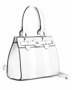 ENRICO COLLEZIONE - Borsa due manici bianca con cuciture verticali e cinturino con girello, tracolla removibile