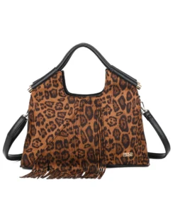 ENRICO COVERI - Borsa a mano leopardata scamosciata con frange e tasca posteriore, tracolla removibile